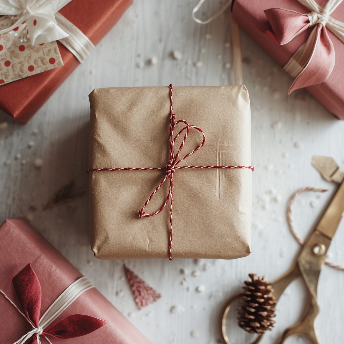 Pakkausmateriaalit ja lahjat esillä työpöydällä